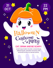 Wall Mural - Halloween costume party flyer with funny kawaii ghost character. Fall season holiday, Happy Halloween or autumn scary party vector placard or poster with cute kawaii ghost personage in pumpkin hat