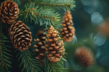 Poster - A close up of pine cones on a tree branch. The pine cones are brown and appear to be drying out. Scene is peaceful and serene, as the pine cones are a natural part of the forest