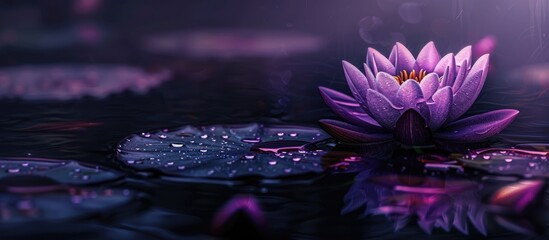 Wall Mural - A dark-toned purple lotus floats in a water pool with space for text or images, symbolizing beauty in the shadows. image with copy space