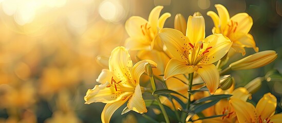 Wall Mural - A vibrant cluster of yellow lilies blossoming in the autumn sunlight, captured up close with a focused view and room for additional content in the image.