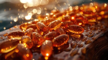 Canvas Print - Golden Amber Beads on Wooden Surface with Water Drops