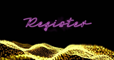 Sticker - Image of register neon text and data processing over black background