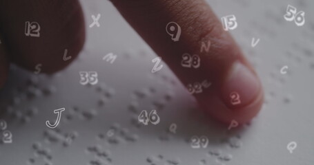 Sticker - Image of numbers over caucasian schoolgirl reading braille