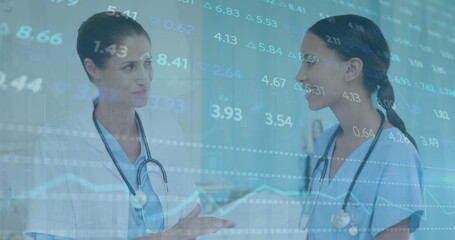 Poster - Image of stock market data processing over diverse female doctor and healthworker discussing