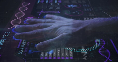 Poster - Image of cyber security data processing over human hand scanning on futuristic screen