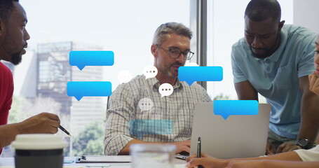 Poster - Image of black speech bubbles floating against diverse men discussing together at office