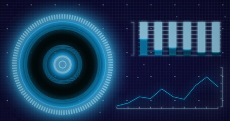 Wall Mural - Image of interface with neon round scanner and statistical data processing on blue background