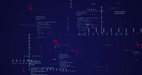 Image of binary coding data processing and symbols floating against blue background