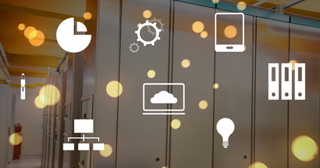 Sticker - Image of multiple digital icons and glowing orange light spots falling against server room