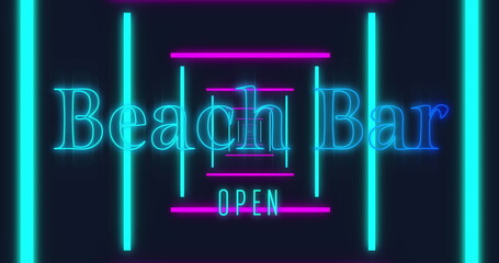 Poster - Image of beach bar open text over neon lines on black background