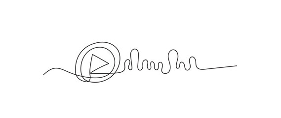 One continuous line drawing of music player soundbar with play button. Record audio and sound wave voice message in simple linear style. Editable stroke. Continuous line art drawing.	