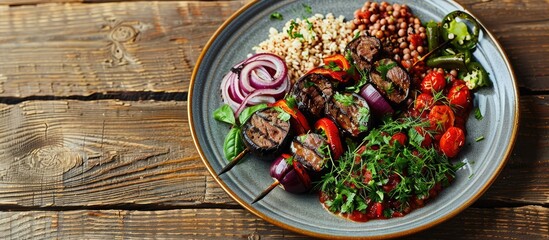 A rustic plate with a delectable Grilled Aubergine lamb shish kebab (patlican kebabi), adorned with spicy tomato sauce, herbs, onion, bulgur, and a grilled hot green pepper, set on a wooden backdrop