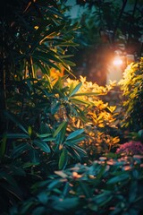 Wall Mural - A close up of a forest with a light shining on the leaves. The light creates a warm and inviting atmosphere