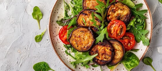 Wall Mural - A visually appealing homemade salad with fried eggplants, tomatoes, arugula, spinach, lettuce, and sauce on a ceramic plate set against a bright backdrop, featuring a close-up shot with copy space