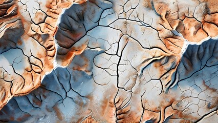 aerial perspective of a salt and clay pan revealing the intricate patterns of its broken surface