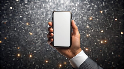 Smartphone with black blank screen mockup in male hands top view on sparkles black background banner. Christmas, holidays payment, online buying, copy space.