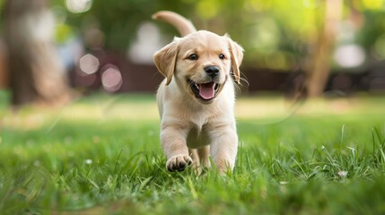 Wall Mural - A playful puppy bounds through the grass, its joyful energy and wagging tail bringing smiles to everyone it meets.