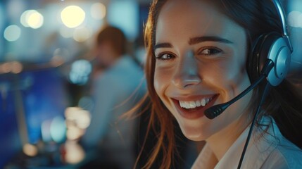 Canvas Print - A woman wearing a headset is smiling and looking at the camera. She is a customer service representative