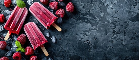 Wall Mural - A popsicle and frozen raspberries with copy space image.