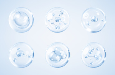 Molecules inside bubbles on blue background. Collagen serum bubble. Cosmetic essence. Concept skin care cosmetics solution. Vector 3d illustration