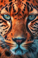 Wall Mural - a close up of a tiger's face with a blue eye. the tiger's face is the main focus of the image, and t