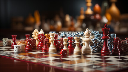 Photograoh chess pieces on the chessboard with gambling chips