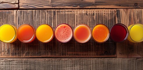 Sticker - Fresh Juice Paradise: Explore a lineup of juice glasses on a rustic wooden table