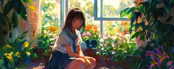 Wall Mural - Beautiful anime girl in uniform, shy and happy, vibrant garden background.