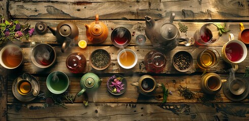 Wall Mural - Tea Time Bliss: Enjoy a display of tea cups and teapots on a rustic wooden table