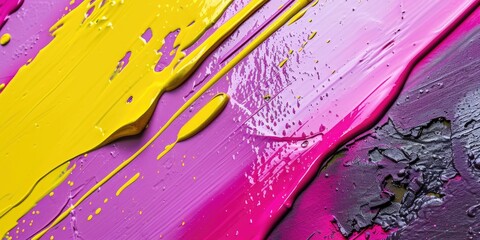 Wall Mural - A painting with yellow and pink colors with a black background. The painting has a lot of paint splatters and he is abstract