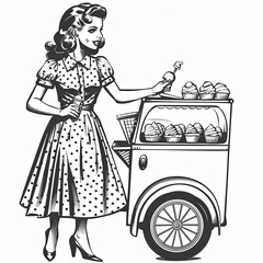 Vintage Ice Cream Vendor: Retro pin-up girl in a polka dot dress