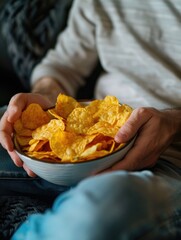 Wall Mural - a person is holding a bowl of yellow chips. the person is sitting on the couch