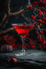 A martini glass filled with red liquid with a cherry on top. The image has a dark and eerie mood, with a black background and red flowers and leaves