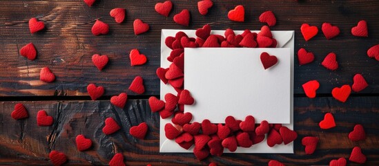 Fototapete - Heartwarming white note surrounded by small red hearts for Valentine's or special occasions with room for text or image, creating an adorable backdrop for various messages. copy space available