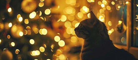 Aufkleber - Bokeh Christmas lights gently blurred in the background with a cat in the foreground, creating a cozy holiday atmosphere in the copy space image.