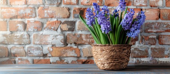 Poster - A charming display of hyacinths in a woven pot on a table by a brick wall, with a vacant area for text; ideal for a copy space image.