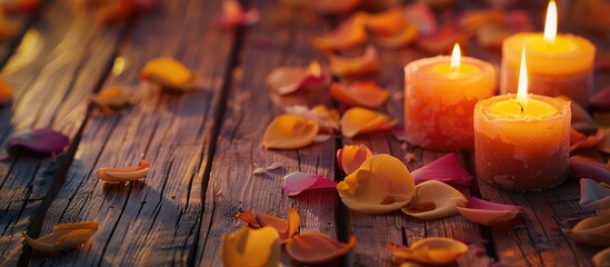 Spa ambiance with candles and petals on wooden surface, decorated with copy space image.