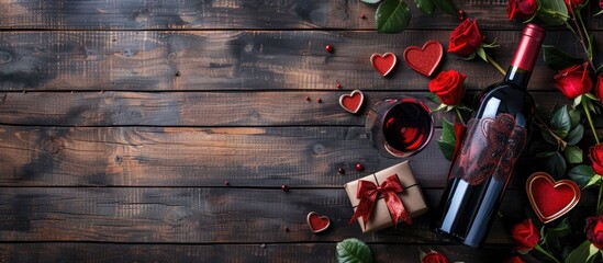 Aufkleber - Valentine's Day celebration with items like a bottle of wine, roses, hearts, and a gift on a wooden background with copy space image.