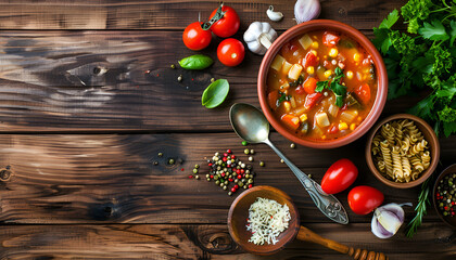 Wall Mural - Minestrone, italian vegetable soup with pasta on wooden table. Top view