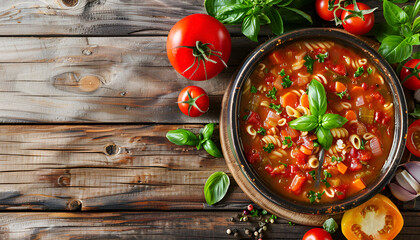 Wall Mural - Minestrone, italian vegetable soup with pasta on wooden table. Top view