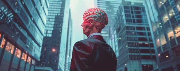 Brain man in city, surreal concept, smoke and buildings background. Free copy space for text.