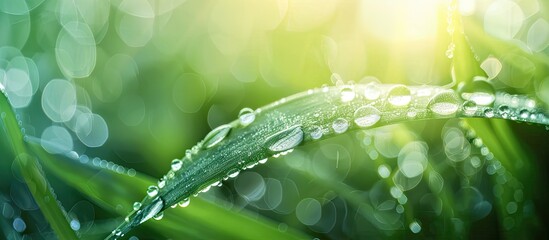 Poster - Fresh morning dew on a green grass leaf with a blurred background creating a serene and picturesque copy space image.