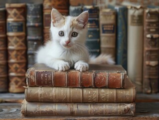 Poster - a white kitten sitting on top of a stack of books