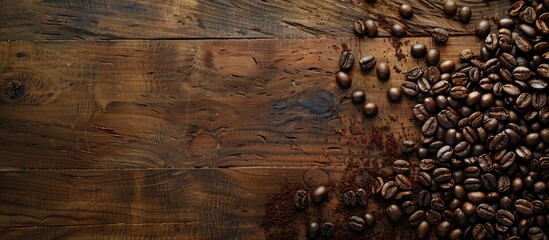 Wall Mural - A rustic wooden backdrop with coffee beans and ample copy space image.