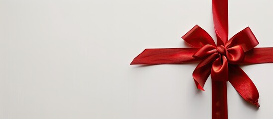Poster - Red ribbon and bow on a blank white backdrop with copy space image.