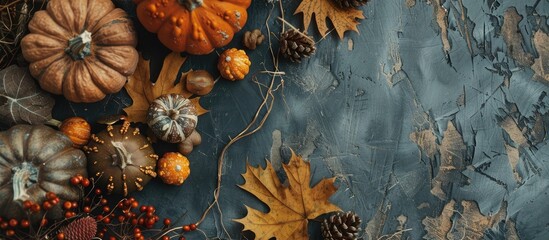Wall Mural - Thanksgiving-themed setup with pumpkins, leaves, and decor on a textured table in a top-down view, offering ample space for text in the image.