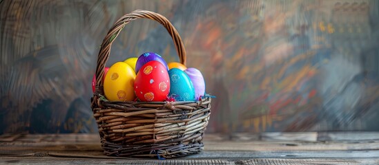 Poster - A stunning arrangement of Easter eggs in various colors like red, blue, purple, and yellow displayed in a wooden basket on a table with a wood background, perfect for a copy space image.
