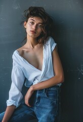 Wall Mural - a woman in a white shirt and jeans