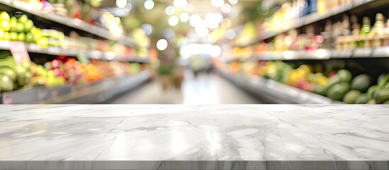 Aufkleber - Marble top table with copy space image amid a blurred supermarket backdrop.