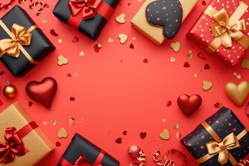 Wall Mural - A red background with a bunch of presents and hearts. The presents are in different sizes and colors, and the hearts are scattered around them. Scene is festive and joyful